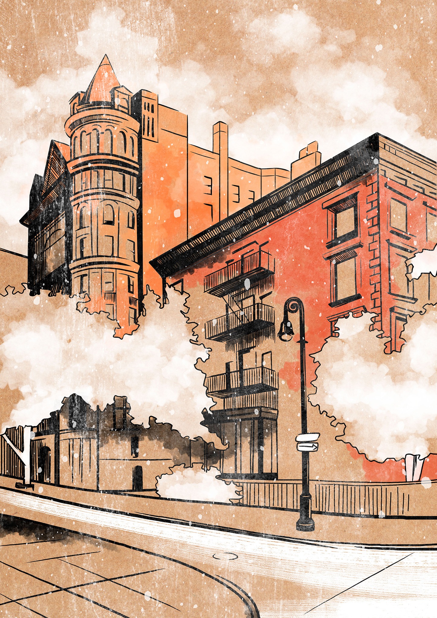 Illustration du quartier Brooklyn Heights de New York avec une teinte orangée